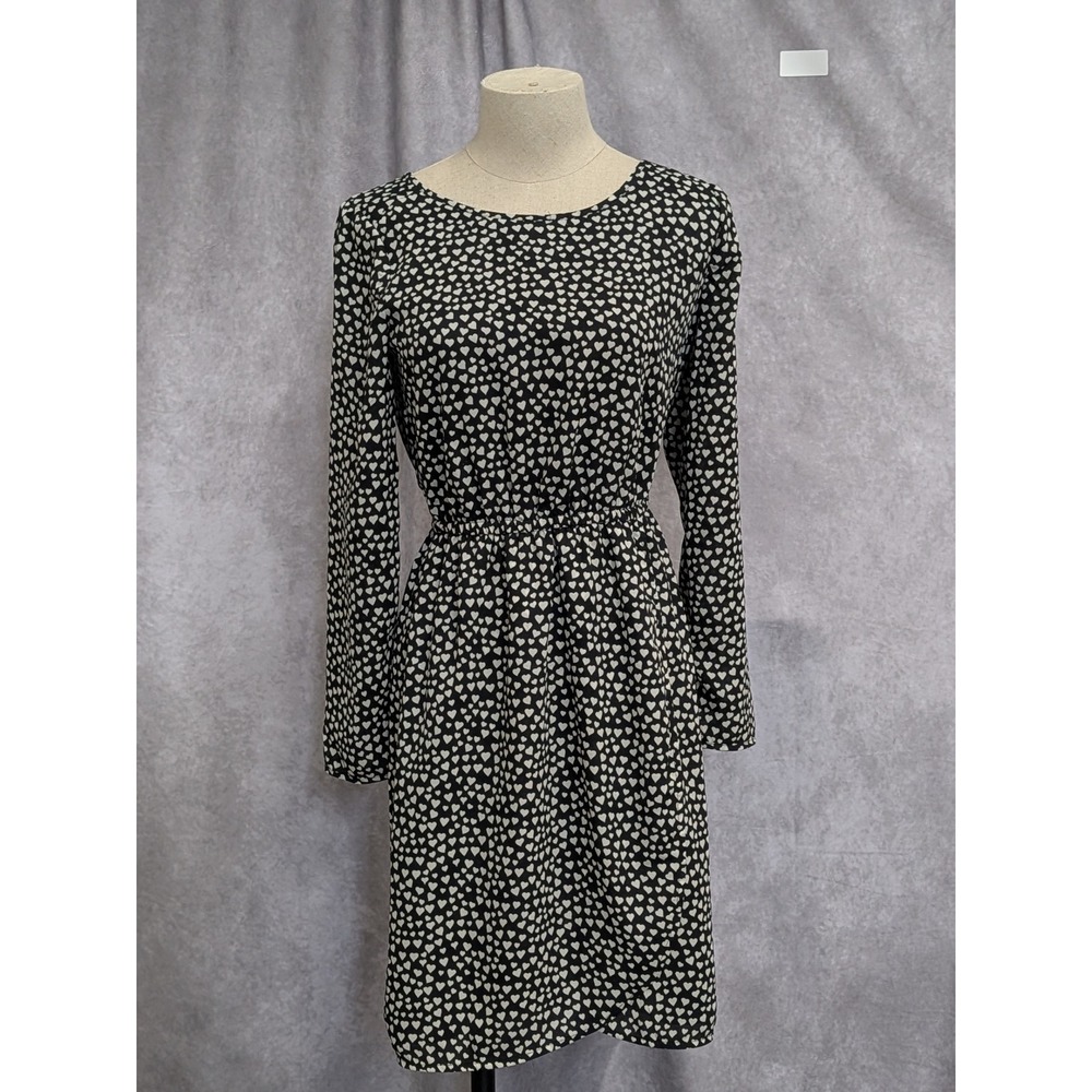 J.Crew Mercantile Women BK White Heart Print Long Sleeve Mini Dress Size 00 C119